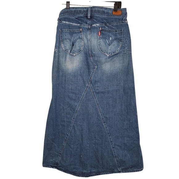 Vintage Orange Label Levis Medium Blue Wash Distressed Denim Maxi Skirt 7 - Picture 11 of 11
